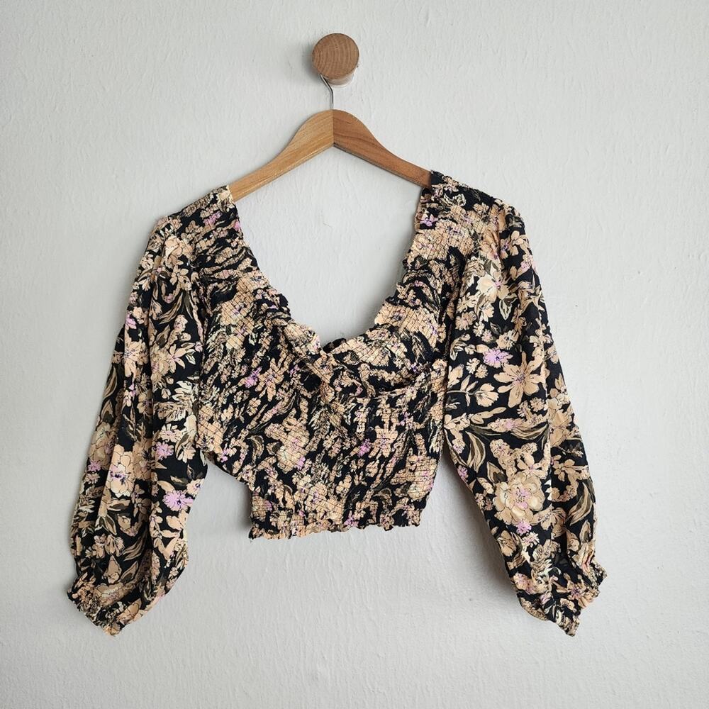 Free People East To West Smocked Off Shoulder Top Black Gold Floral Blouse M FP - Picture 11 of 14